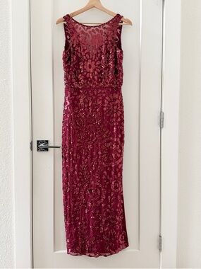 Aidan Mattox Red Floral Sequin Gown Slit Dress Size 2